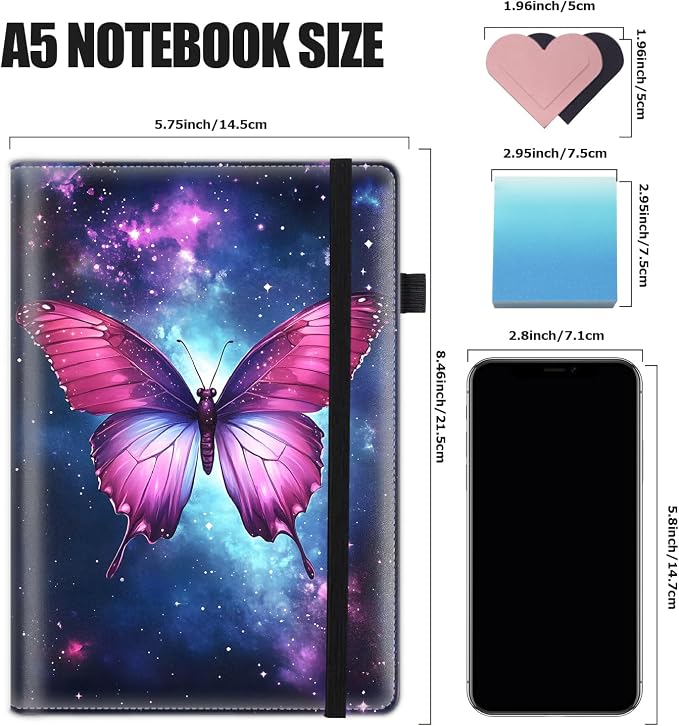 Hardcover Executive Notebooks, A5 PU Leather Lined Journal Notebook, 200 Pages Thick Paper Subject Notebooks for School,Work,Home Writing Business Notebook, Diary Book ，Starry Sky Butterfly