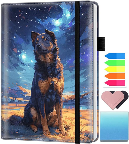 A5 Leather Lined Journal Notebook, 200 Pages Hardcover Executive Notebook for Office School Note Taking, Thick Writing Paper Daily Journal with Bookmarks/Indexes, Starry Night Dog German Shepherd