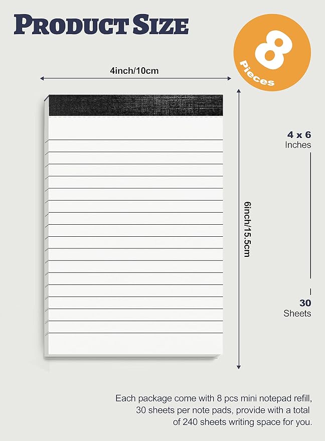 Notepad 4x6 Notepads 8 Pack Lined Note Pads 4x6 Paper Pads Memo Pads 4x6 Scratch Pads 4x6 Server Note Pads Ruled Pages Pocket Notebook Small Writing Pads for Daily Planning School Office 30 Sheets/Pad