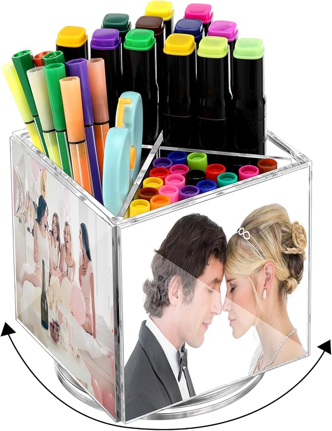 Sherr Acrylic Rotating Photo Pen Holder for Desk, 4-side Photo Cube Magnetic Picture Frame Pen Pencil Holder for Photos of 4" x 4" for Office Desk Tabletop Organizer Decor(for Photos of 4" X 4")