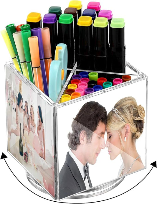Sherr Acrylic Rotating Photo Pen Holder for Desk, 4-side Photo Cube Magnetic Picture Frame Pen Pencil Holder for Photos of 4" x 4" for Office Desk Tabletop Organizer Decor(for Photos of 4" X 4")