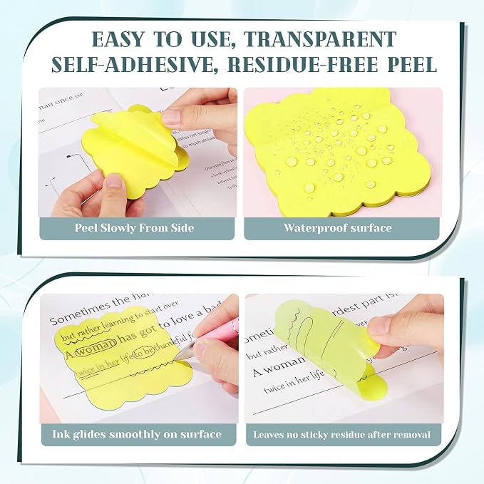 Eaasty 400 Sheets Transparent Scalloped Sticky Notes 2.8x2.8 Clear Sticky Notes 8 Pads Cute Wavy Translucent Pads Waterproof See Through Note for Bible Study Annotation School Office(Bright Colors)