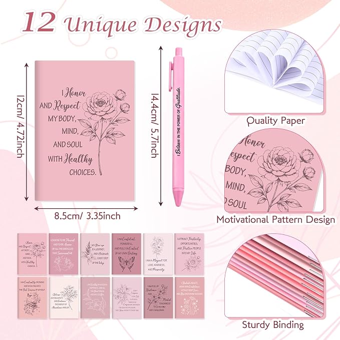 Mooliwe 24 Pcs Positive Affirmation Gift Set Gratitude Notebooks with Pens Small Bags Motivational Encouragement Notepads Daily Affirmations Journal for Women Stress Relief Self Care (Pink)