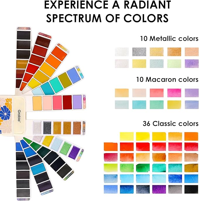Grabie Watercolor Paint Set, Pack of 56 Colors Handheld Watercolor Set of Water Brush Pen, Palette and Removable Sponge, Portable Watercolor Paint for Artist Beginner and Professional