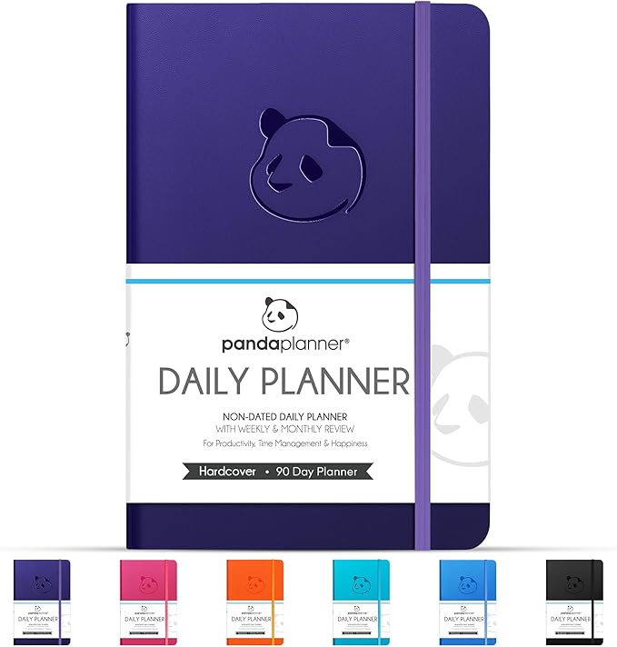 Panda Planner Classic A5 Undated Daily Planner 2026-2027, 8.25x5.75 Purple | Hourly schedule, to do list, habit tracker, gratitude journal, quarterly layout, 100 GSM paper