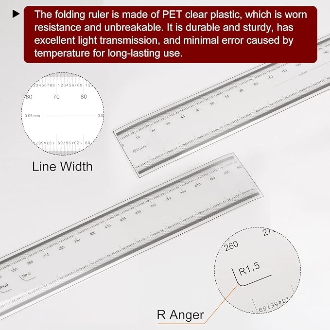 HARFINGTON Film Flexible Ruler 50cm 0.1mm Scale with R Angle & Width Lines PET Plastic Folding Straight Ruler Calibration Soft Ruler Measuring Tool for Factory, Transparent