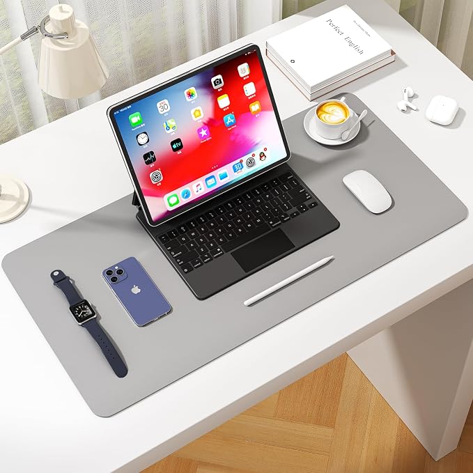 Leather Desk Pad Protector, Waterproof Mouse Pad, PU Desk Mat, Office Desk Cover, Desk Writing Mat for Office/Home/Work/Cubicle (Light Gray) 23.6x13.7 in