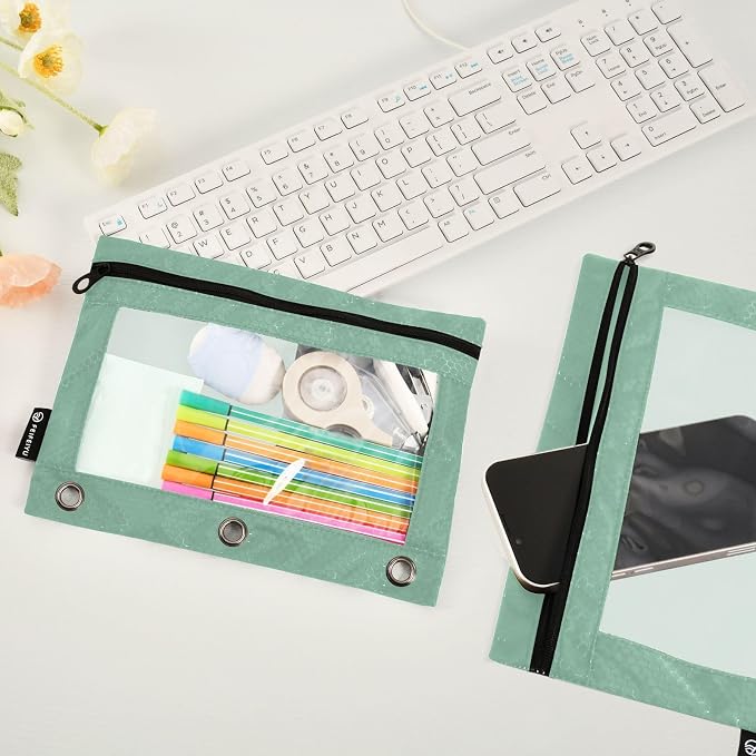 Gredecor Binder Pencil Pouch 3 Ring Sage Green Zipper Pencil Pouches Case 2 Pack Clear Binder Organizer for School Office