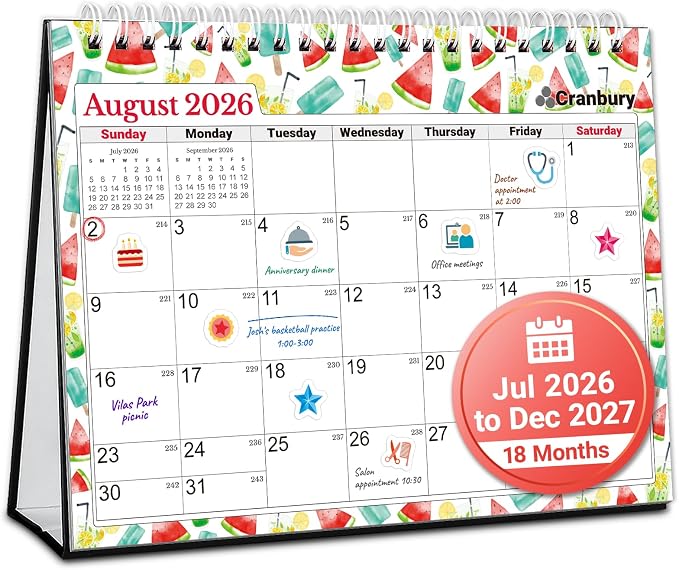 CRANBURY Small Desk Calendar 2026-2027 Standing Flip, 8" x 6", July 2026 to Dec 2027, Desktop Calendar with Stickers, Academic Year, Personal Desk Planner for School & Office