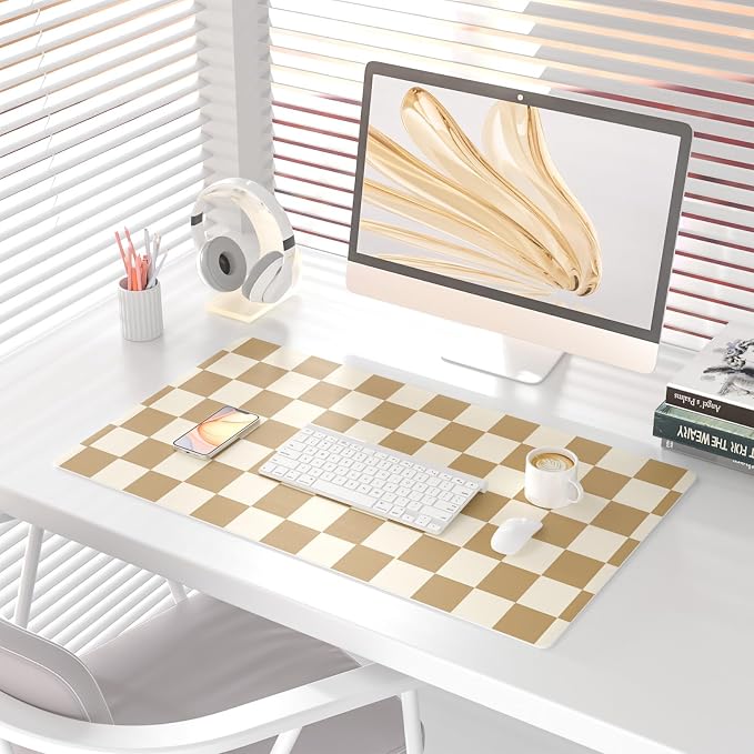 Colorful Star Khaki Plaid Large Mouse Pad, 31.5" x 15.7" | Waterproof Non-Slip Desk Mat for Office Accessories, Mousepad & Large Desk Pad, PU Leather Laptop Mat