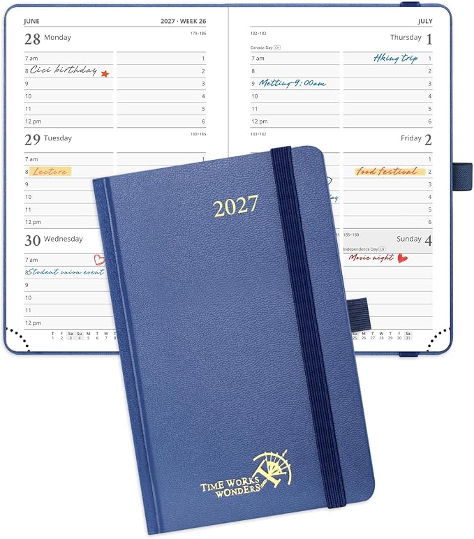 POPRUN Pocket Calendar 2027, 4" x 6.25" Pocket Calendar for Purse, Jan 2027 - Dec 2027 Small Planner, Weekly Appointment Book with Hourly Time Slots, Hardcover, 100 GSM - Navy Blue