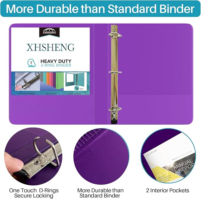 XHSHENG 1 Inch Binders 3 Ring,One Touch Easy Open D-Rings,Letter Size | 1 In Three Ring Binders,with 2 Pockets, Holds 225 Sheets 8.5x11 inch Papers, View Binders for School Supplies