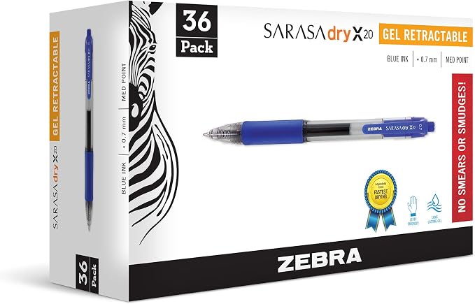 Zebra Pen SARASA X20 Retractable Gel Pen, Blue Ink, 0.7mm, 36-Pack