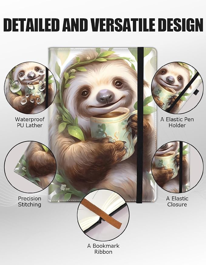 Hardcover Executive Notebooks, A5 PU Leather Lined Journal Notebook, 200 Pages Thick Paper Subject Notebooks for School,Work,Home Writing Business Notebook, Diary Book ， Sloth