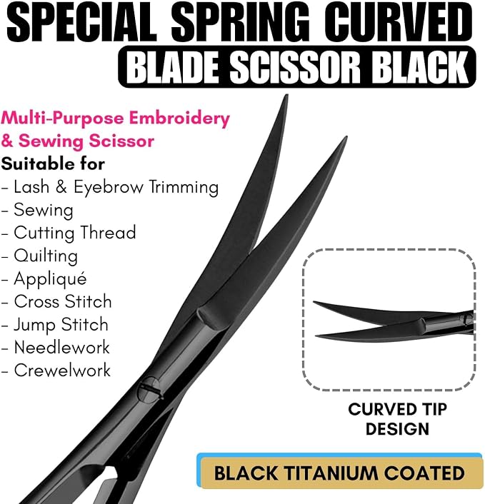 Cross Edge Curved Spring Scissors 5 Inch Stainless Steel Precision Eyebrow & Eyelash Shaping & Trimming Scissor, Snips Squeeze, Embroidery, Knitting Micro Tip Craft Scissors (Black)