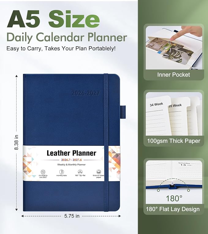 Planner 2026-2027, Academic Weekly and Monthly Calendar Planner from July 2026 - June 2027, Hardcover Leather Daily Agenda Book with Tabs, College School Organizer for Student Teacher, A5 (5.75" x 8.38"), Navy