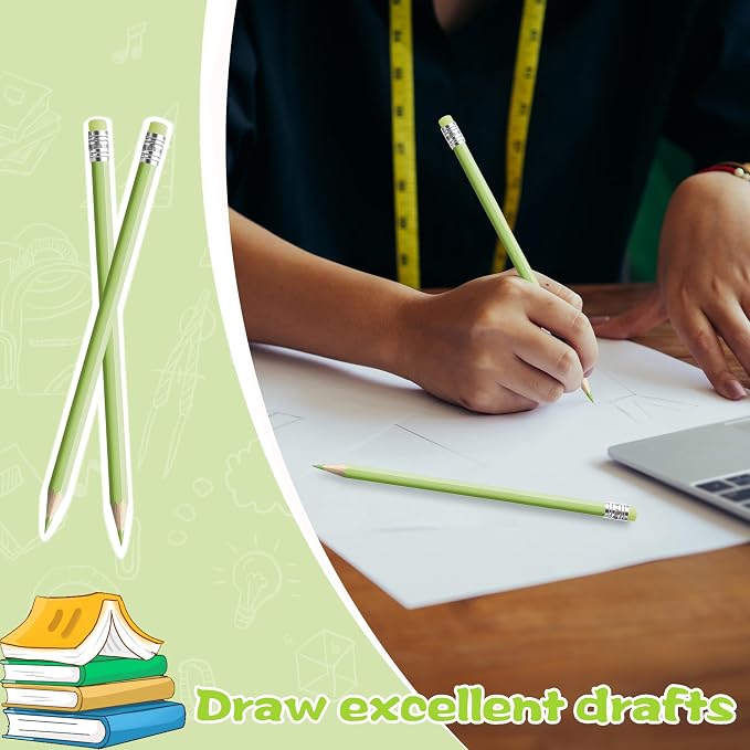 24PCS Macaron Green Colored Pencils with Eraser Pre Sharpened Pencil 2 HB - Ideal for Checking, Grading, Tests & Office/School Supplies