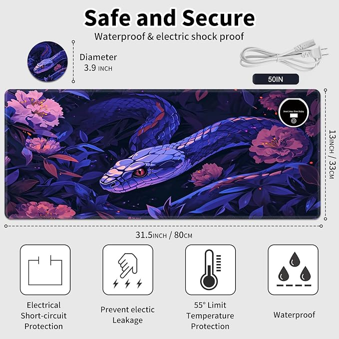 Warm Desk Pad,Heated Desk Pad,Office Mat,3 Heating Levels & 3 Hours Auto Shut-Off,31.5"*13" Gaming Mouse Laptop Keyboard Leather Desk Mat,Purple Snake Flower
