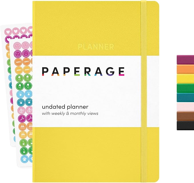 PAPERAGE Undated Weekly & Monthly Hardcover Planner (Yellow), 5.6 in x 8 in, Includes Lined Note Pages & 2 Sticker Sheets