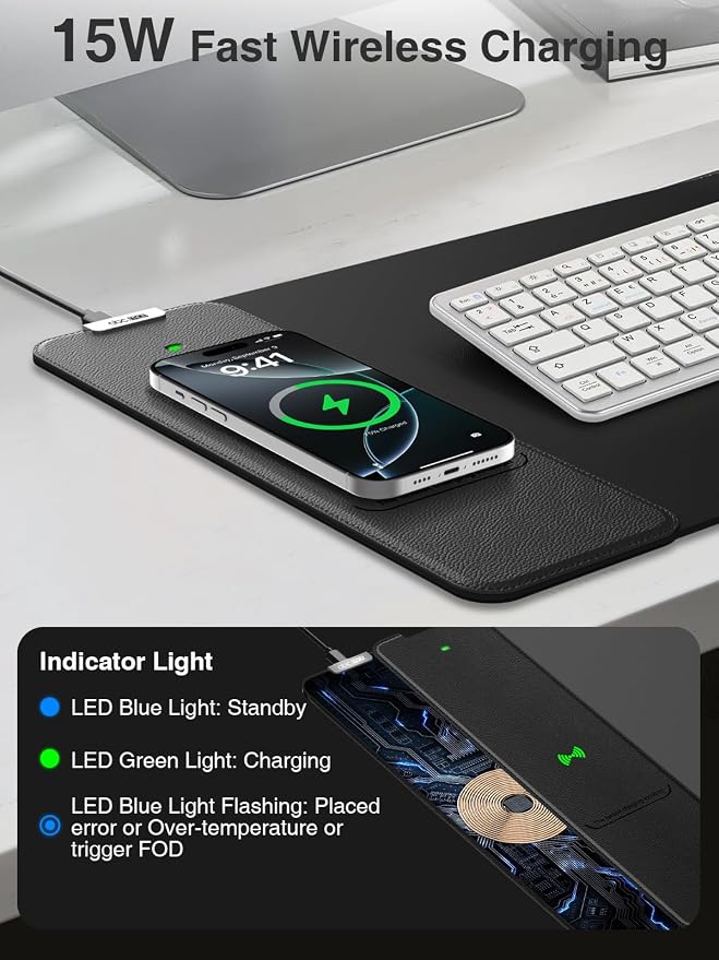 Wireless Charging Mouse Pad, 31.5"x11.8" Large Desk Mat, Smooth Glide | Waterproof Mousepad, Stitched Edge, Non-Slip Rubber Base, Desk Pad Computer Keyboard Mat, No Adapter
