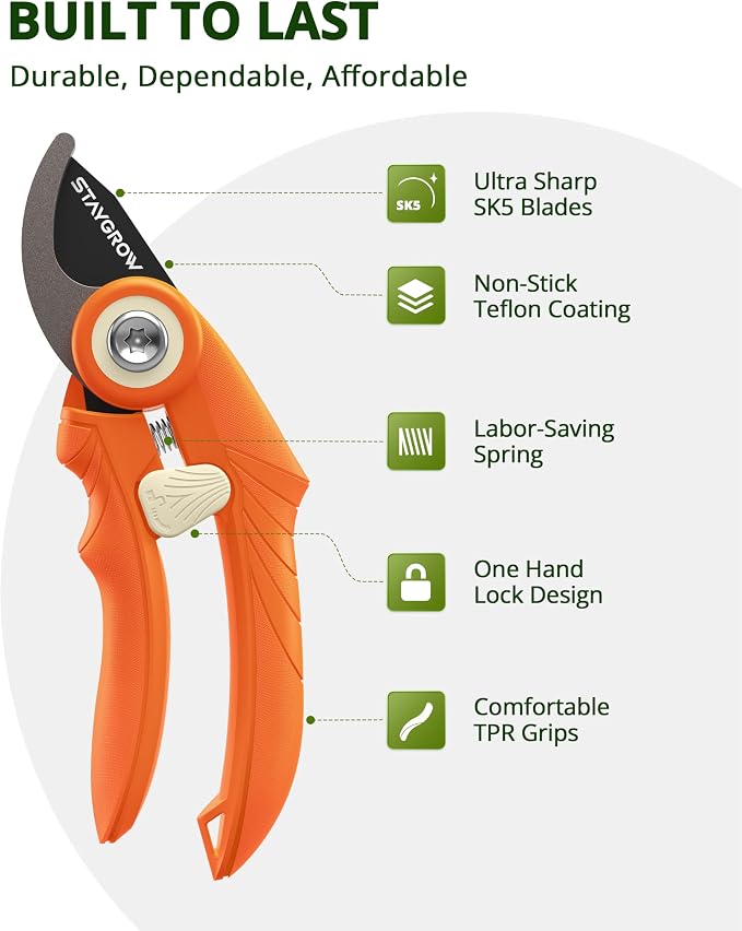 Garden Shears 6.9" Pruning Shears for Gardening Orange | Garden Clippers Gardening Scissors with Rust Resistant SK5 Stainless Steel Blade,Cuts 3X Easier,Weak Hand Arthritis Pruners