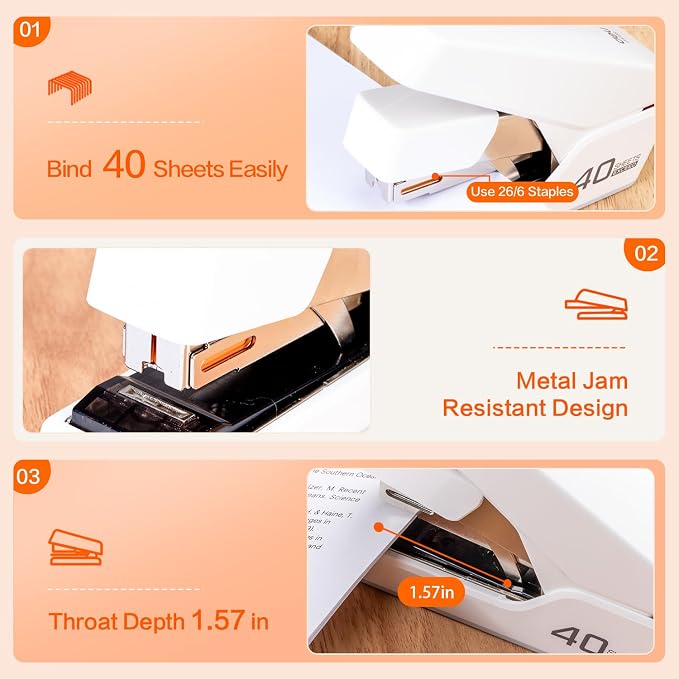 Deli Stapler, Effortless Staplers for Desk, 40 Sheet Capacity Heavy Duty, One Touch, No Effort, Easy to Load, with 2000 Staples & Staple Remover, Good for Office, Home Use, White