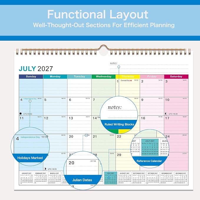2027-2028 Wall Calendar, Calendar 2027-2028, 18 Month Calendar January 2027 - June 2028, 14" X 11", Calendar with Twin-Wire Binding, Hanging Hook and Julian Dates (Colorful)