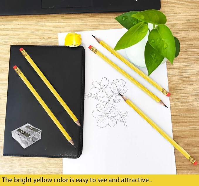 Adhere 25pcs Woodcase Pencils with Eraser Premium Pre-Sharpened Hexagon Graphite 2B pencils ideal for home, office writing including a Free Sharpener (Yellow・25pcs)