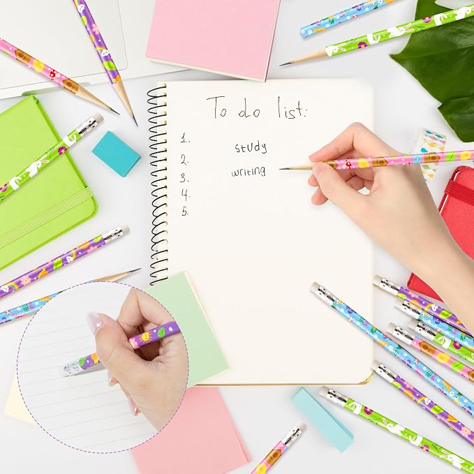 Xqumoi 60Pcs Spring Pencils with Eraser - Hello Spring Flower Rabbit Butterfly #2 HB Pencils, School Classroom Student Rewards Office Supply Holiday Gift Goodie Bag Fillers Stuffers Party Favors