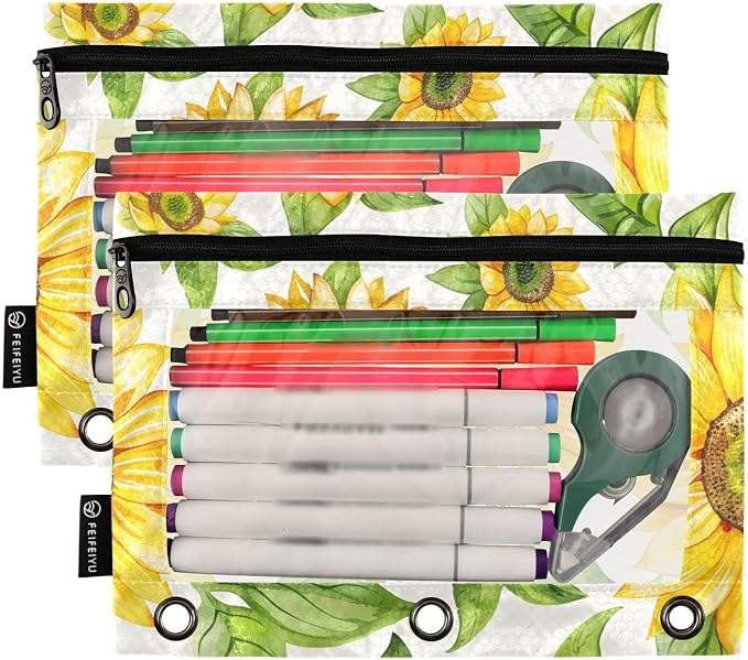 ALAZA Yellow Sunflower Flower Pencil Pouch for 3 Ring Binder 2 Pack Zipper Binder Pencil Bag Case with Clear Window Office Supplies