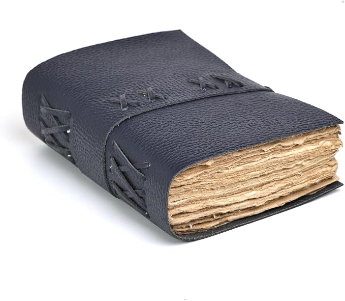 Leather Bound Vintage Journal for Women & Men – Book of Shadows – Lock Closure – 200 Pages of Antique Deckle Edges Handmade Paper (Italian Blue, 7 x 5 inches)
