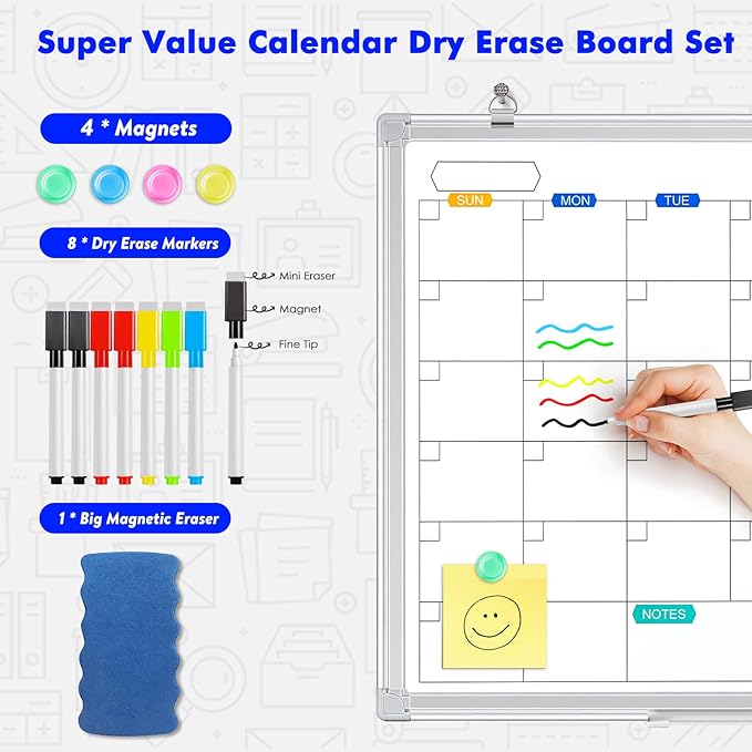 White Board Calendar Dry Erase for Wall, 24" x 18" Aluminum Frame | Magnetic Monthly Planner Board, Wall Mounted or Hanging. Calendar Design Suitable for Daily Planning of Home, Office, Class