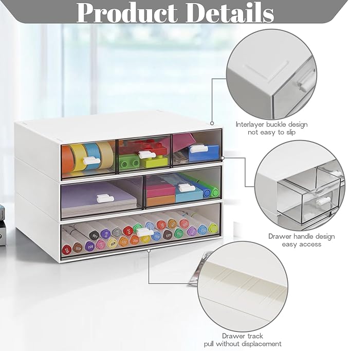 3 Tier Stackable Desk Organizer with 6 Drawers, YOCOMEY Plastic Desktop Storage Box Drawers, Detachable Makeup Storage Office Stationery Supplies Organizer for Office School(New White)
