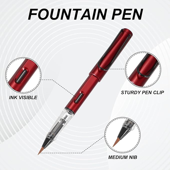 PATIKIL 4Pcs Calligraphy Brush Pens, Fountain Ink Brush Pen Refillable with 10Pcs Ink Refill for Writing Lettering Drawing Chinese Japanese Signature, Red