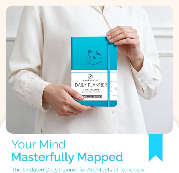 Panda Planner Classic A5 Undated Daily Planner 2026, 8.25 x 5.75 Cyan Blue | Hourly schedule, to do list, habit tracker, gratitude journal, quarterly layout, 100 GSM paper