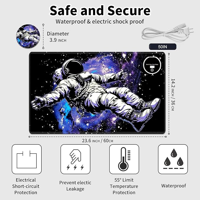 Heated Desk Pad Mouse Pad,Heated Desk Mat,with 3 Heating Levels & 3 Hours Auto Shut-Off,Leather 23.6"*14.2" Gaming Mouse Laptop Mat,Foot Warmer,Astronauts Space Purple