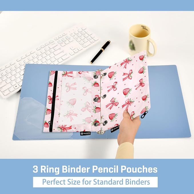 Strawberries Bows Pink Pencil Pouch for 3 Ring Binder 2 Pack Zipper Binder Pencil Bag with Clear Window Pencil Case for Office Supplies