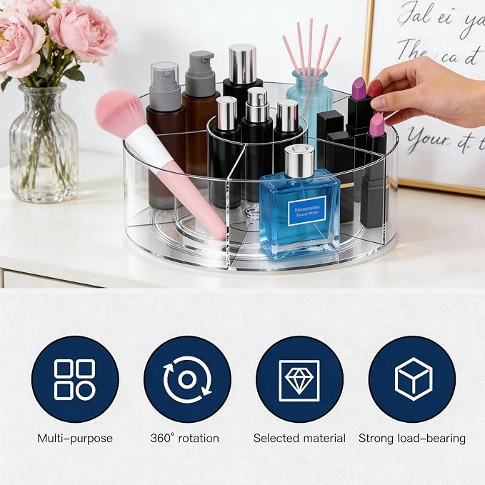 360° Rotating Acrylic Makeup Organizer, Clear Makeup Brush Holder & Pen Holder, Multi-Compartment Rotating Organizer for Cosmetics, Office Supplies, Vanity & Desk