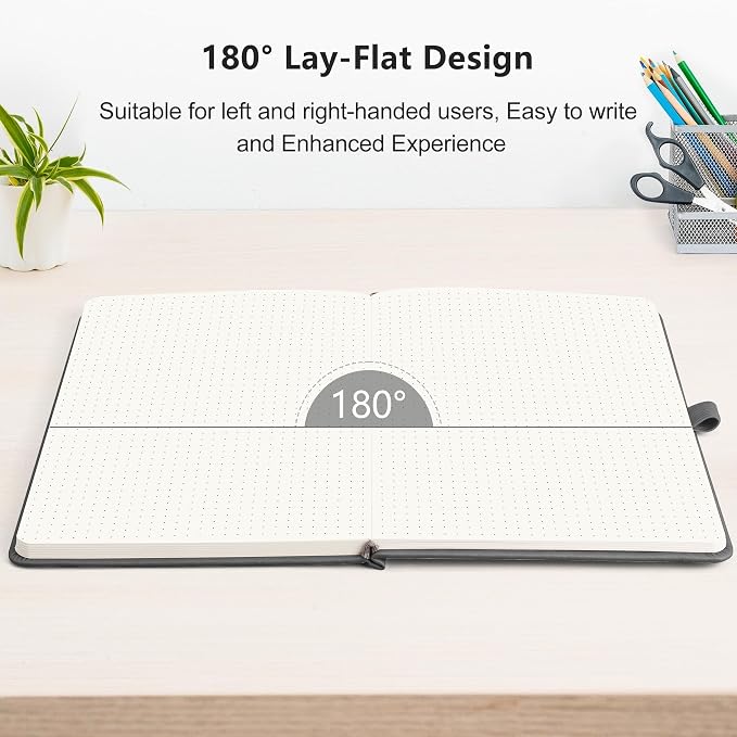 RETTACY Dotted Journal Notebook, 192 Pages, A5 Medium Size (5.7'' x 8.3'') | Leather Hardcover, 100 GSM Thick Paper, for Journaling, Planning, Tracking (Gray)