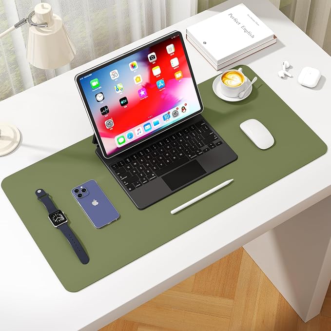 Leather Desk Pad Protector, Waterproof Mouse Pad, PU Desk Mat, Office Desk Cover, Desk Writing Mat for Office/Home/Work/Cubicle (Avocado Green) 23.6x13.7 in