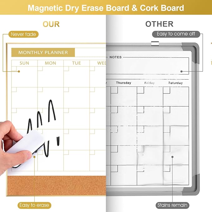 ARCOBIS Dry Erase Calendar with Cork Board for Wall, 11.6"x 15.7" Magnetic Calendar Whiteboard with Gold Frame, Monthly Combination Board for School, Home, Office