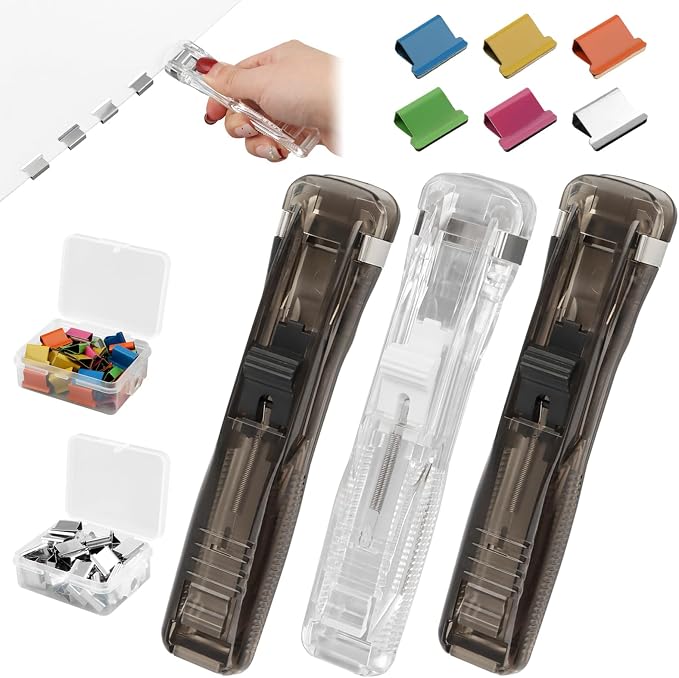 3 Pcs Handheld Paper Clam Clip Dispensers with 100Pcs Reusable Paper Clam Clip Refill, Portable Binder Clipstapler for Organizing Files and Documents