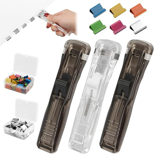 3 Pcs Handheld Paper Clam Clip Dispensers with 100Pcs Reusable Paper Clam Clip Refill, Portable Binder Clipstapler for Organizing Files and Documents
