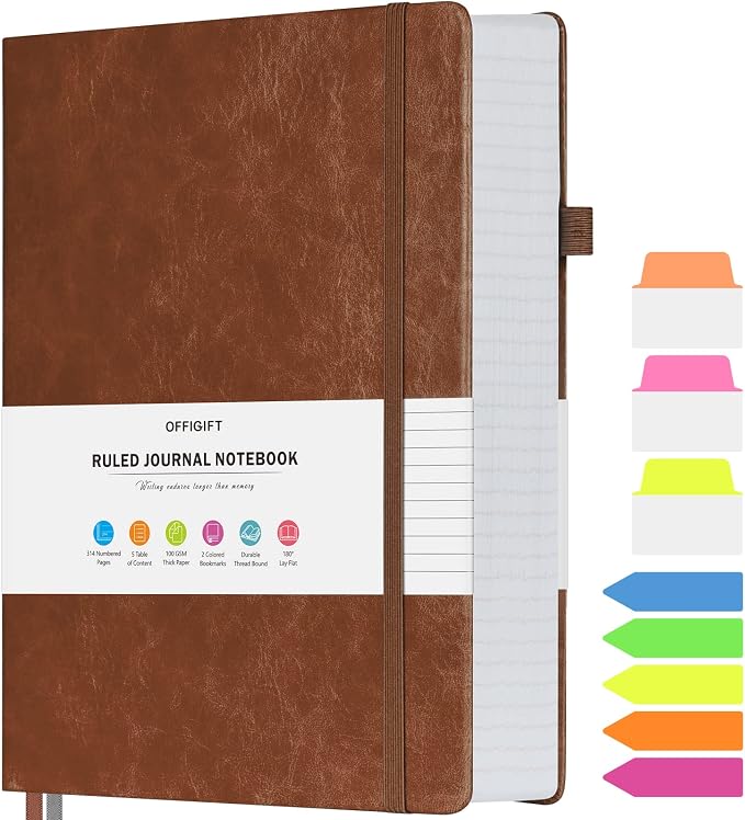 Lined Journal Notebook, Large A5 Hardcover Leather Journal, 312 Numbered Pages Work Notebook, 100gsm Thick Paper, College Ruled Notebook for Women Men School Office, 5.75" x 8.38", Brown | Extra-Thick with 2X Writing Space, 100gsm No Bleed Paper, Hardc...