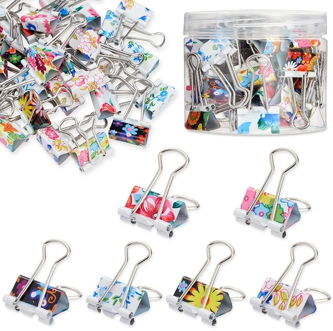 Juvale 40-Pack Small Floral Binder Clips - 1.5 x 0.75in Multicolor Iron - Secure Grip for Documents & Notebooks - School Supplies & Office Organization - Small Paper Clips for Files & Planners