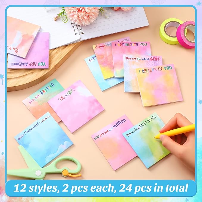 Yinder 24 Pcs Inspirational Sticky Notes, Back to School Supplies, Cute Motivational Sticky Notes Pad Employee Appreciation Gifts Bulk for Teacher Coworker Office 3 x 3'' (Thank You,Water Color)