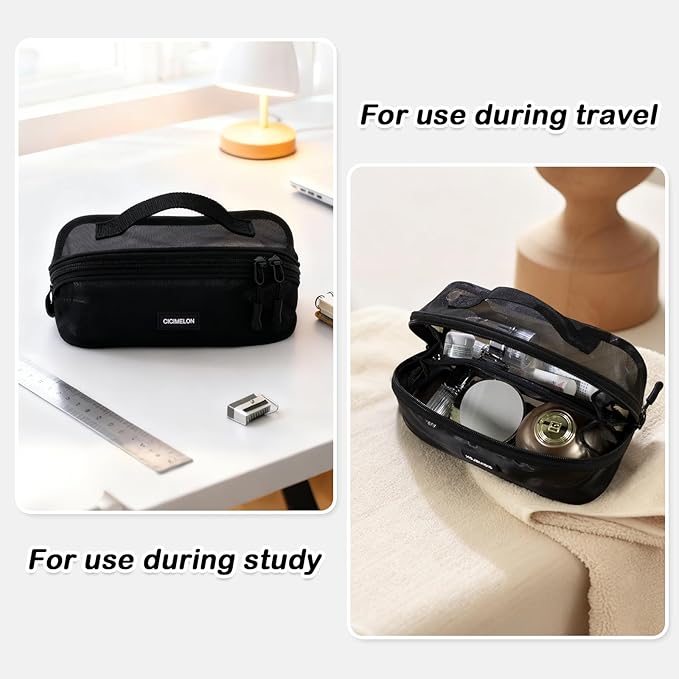 CICIMELON Mesh Pencil Pen Case Multi-Purpose Transparent Zipper Pouch for Stationery, Makeup, Travel Essentials Large Capacity Organizer Bag, Black