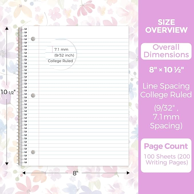 SKYDUE 8"x10.5" Spiral Notebook - College Ruled 100 Sheets, 1 Subject Notebook for School & Office, 3-Hole Punched Paper, Floral Design