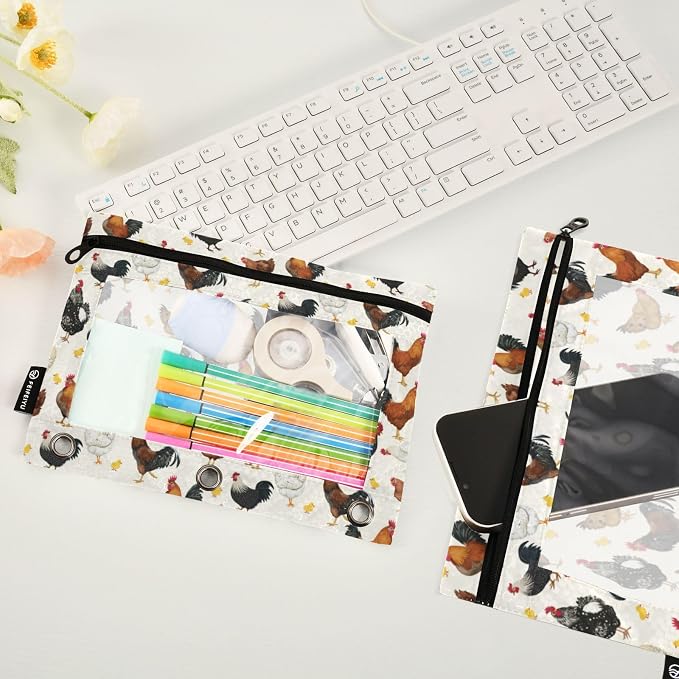 ALAZA Pencil Pouch for 3 Ring Binder, Hens Roosters and Chickens Binder Pencil Pouches with Clear Window Zipper Pencil Case Cosmetic Bags for Office College Supplies, 2PCS