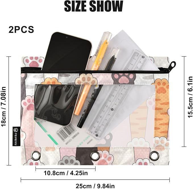 ALAZA Pencil Pouch for 3 Ring Binder, Cute Paw Prints Binder Pencil Pouches with Clear Window Zipper Pencil Case Cosmetic Bags for Office College Supplies, 2PCS
